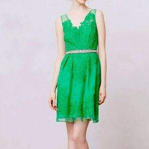 Baraschi By Anthropologie 100% Silk Green Embroidered Lace V Neck Mini Dress, 2